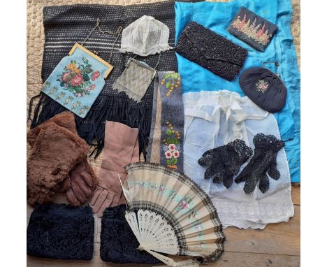 Vintage fashion accessories comprising an early 20th Century Chinese hand-painted fan with 14 bone wands A/F , an 18th Centur