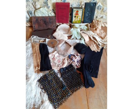 Early to mid 20th Century ladies gloves and evening bags to include fine bead examples, mid 20th Century bead necklaces A/F, 