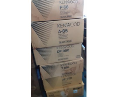 A Kenwood stacking music system, amplifier A085, turntable P-66, tuner T-85L, CD Player DP-950, equalizer GE-850 and cassette