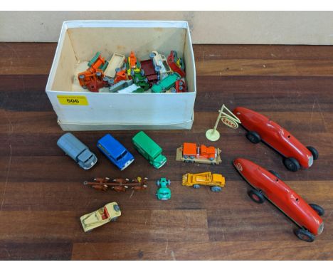 A group of diecast and tin plate model vehicles to include a 'Matchbox Removals Van', a Lesney Harrier Refuse Collector truck