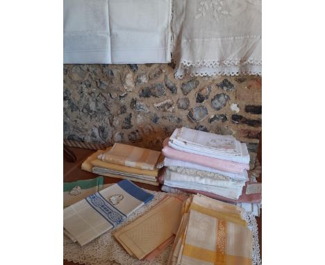 A vintage applique tablecloth on button mesh ground 255cm x 200cm and others, crotchet table mats, damask tablecloths and nap