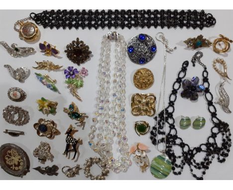 Vintage brooches and necklaces to include D'Orlan, clips and a 3 strand Aurora Borealis necklace together with other items of