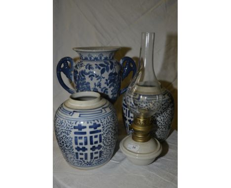 2 modern blue and white ginger jars missing lids, large blue and white modern vase & ceramic paraffin lamp