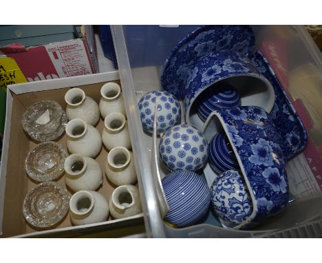 Selection of blue and white decorative ornaments, glass tea light holders etc. in 2 boxes