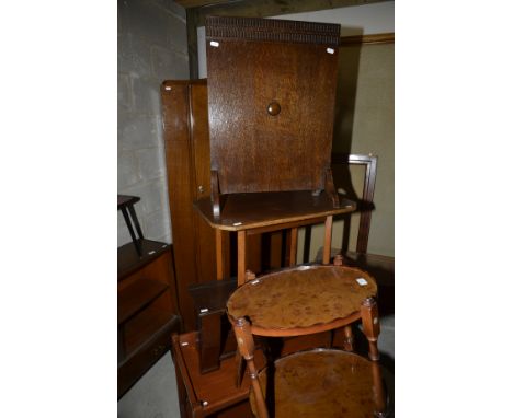 Burr wood two tier occasional table, two tier trolley, wall rack, fire screen and occasional table