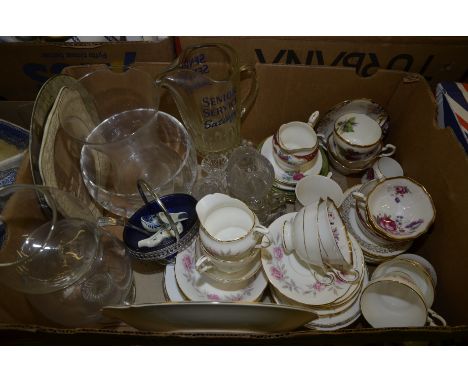 Box of decorative tea ware, glasses, glass vases & 'Senior Service Satisfy' glass jug etc.