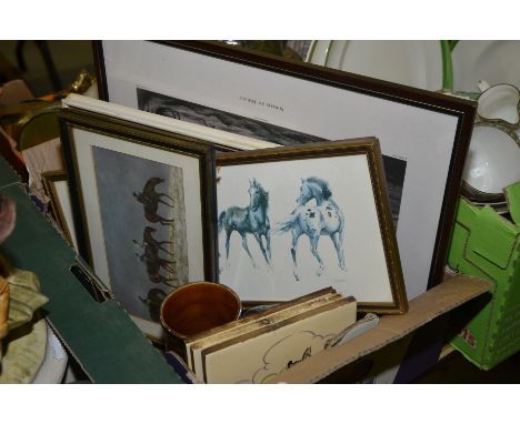 Selection of horse prints, tankard with hunting design & 3 Pilkingtons tiles with hunting scenes etc.