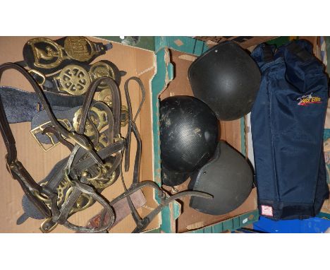 Harry Hall riding hat, Champion Junior Plus jockey helmet and 1 other, Jack Ellis body protector, head collar, horse brasses 