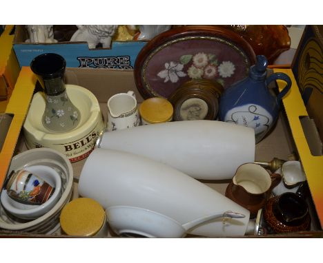 Doulton silicon ware vase, two opaque glass lamp shades, stoneware jelly mould etc.