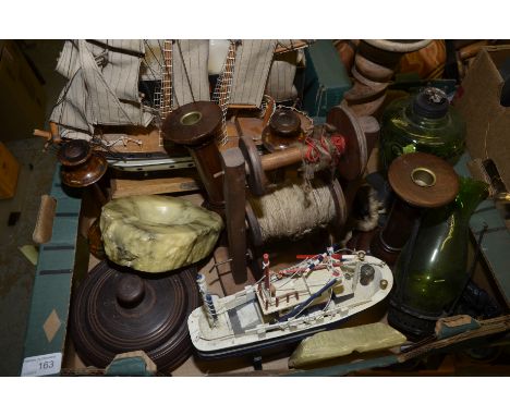 Wooden candle sticks, 2 model boats, glass paraffin lamp etc.