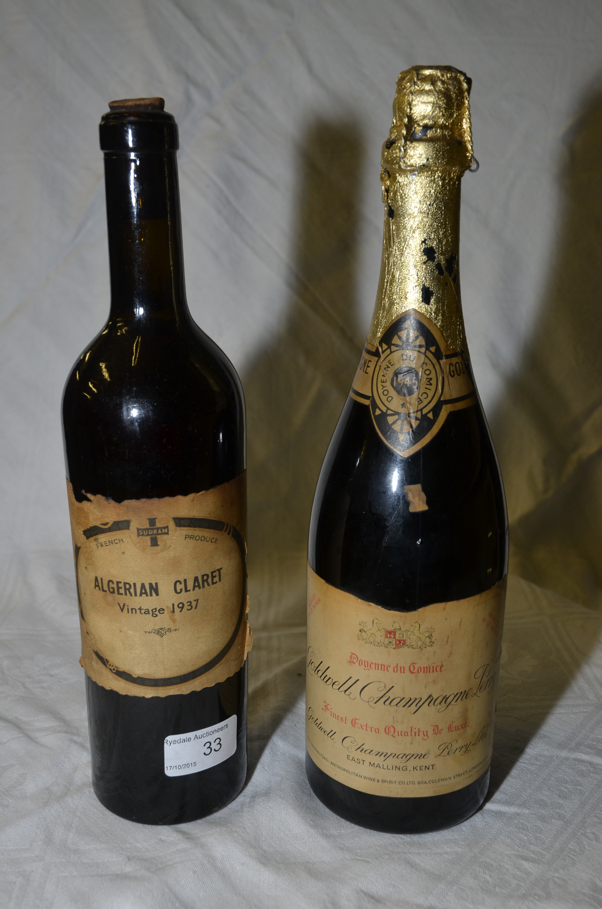 Bottle of Algerian Claret Vintage 1937 & bottle of Goldwell Champagne ...