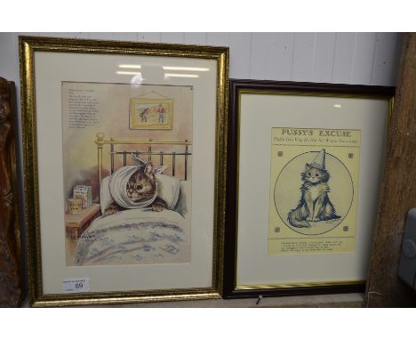 Two framed Louis Wain prints entitled 'Playing Truant' & 'Pussys Excuse'