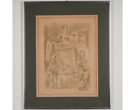 A delicate color lithograph by Spanish artist Eduardo Vicente, titled Man in Living Room with Phonograph. The composition dep
