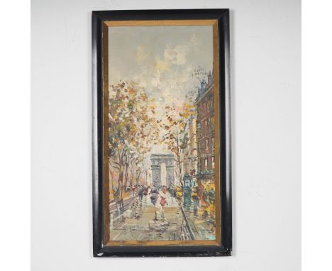 Vibrant oil painting on canvas signed Bayard, depicting a bustling Parisian boulevard with a view toward the Arc de Triomphe.