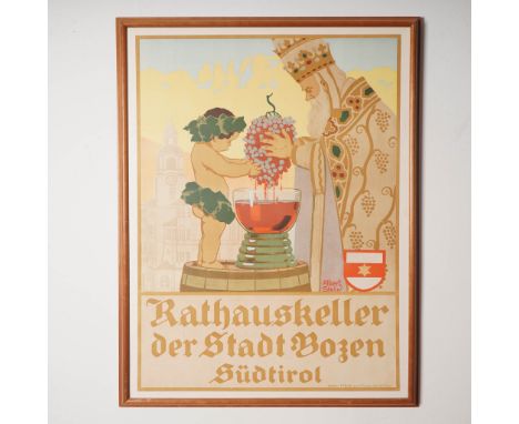 A vibrant lithograph poster advertising the Rathauskeller of the city of Bozen (Bolzano), South Tyrol, illustrated by Austria