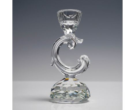 Elegant Swarovski Silver Crystal candleholder featuring a Baroque-style scroll design with a faceted honeycomb-cut base. Made