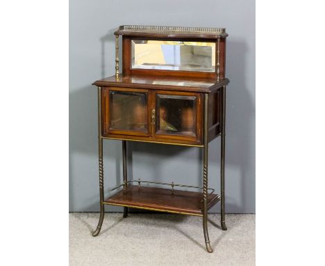 A Victorian mahogany and brass mounted dwarf cabinet the upper part with pierced gallery, serpentine fronted open shelf, inse