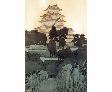 After Hiroshi Yoshida (1876-1950) - Woodblock print - "Himeji Castle", 13.75ins x 9.25ins, in black frame and glazed, and one