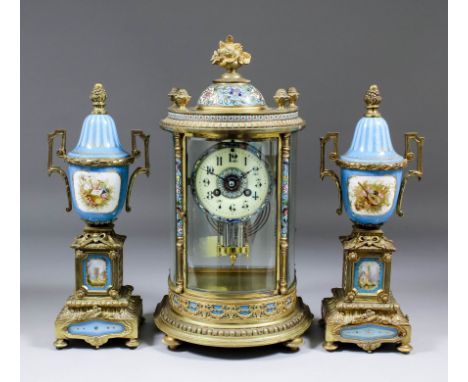 A late 19th Century French gilt brass and champleve enamel "Four Glass" mantel clock by Vincenti, No. 32784, the 3ins diamete