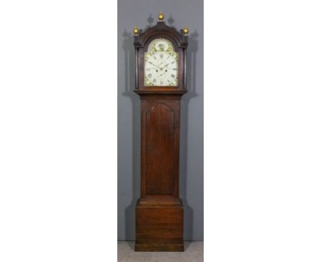 A late 18th/ early 19th Century oak longcase clock by E. Elliott of Lenham, the 12ins arch painted dial with floral sprays, s