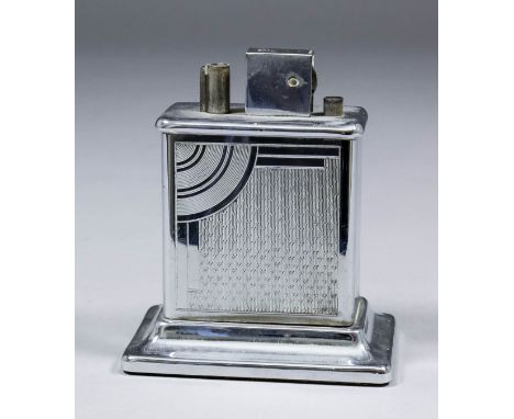 A Dunhill chromed metal rectangular table lighter of Art Deco design 4ins high (slightly loose to base)