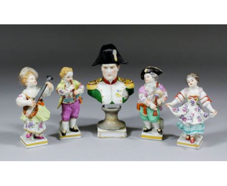 Four 20th Century Meissen porcelain figures of children, comprising - Girl playing lute, dancing girl, boy playing flute and 