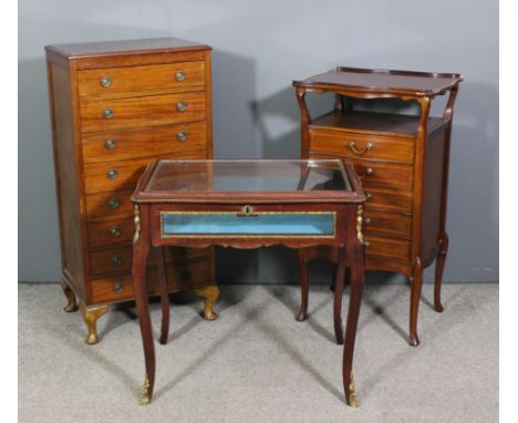 A 20th Century brown stained beechwood and gilt metal mounted display table of French design on cabriole legs, 30ins x 20ins 