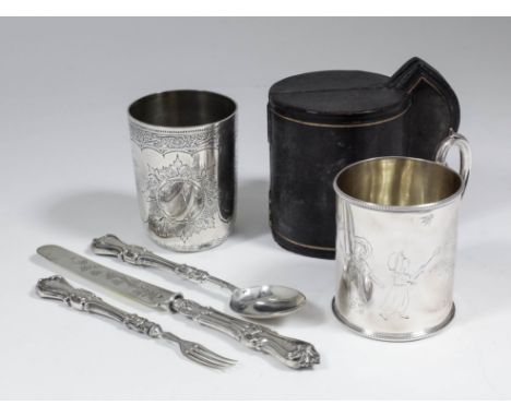 A Victorian child's silver christening mug, the cylindrical body engraved with five young girls playing badminton and with ca