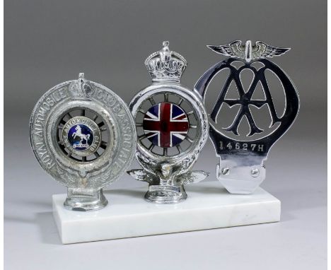 Three car badges, comprising - RAC Kent Automobile club (1940's/50's), Royal Automobile club with portrait of George V and en