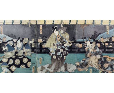 Japanese School in the manner of Toyokuni III - Woodblock print - Three Kabuki actors, 13.5ins x 28ins, in wood frame and gla