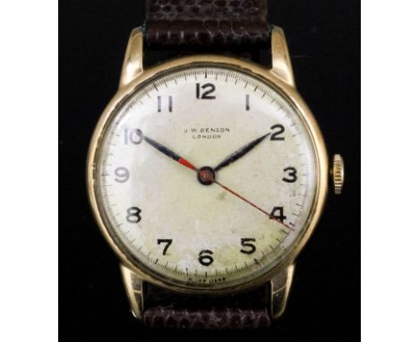 A 1950s gentleman's J.W. Benson 9ct gold cased wristwatch, No. 470226, the white dial with Arabic numerals and sweep seconds 