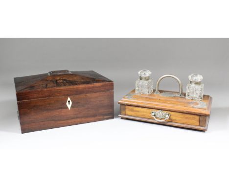 A Victorian rosewood sarcophagus shaped tea caddy, with restored four division interior, 11.5ins x 9ins x 6.5ins (slight vene