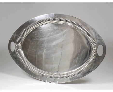 A late Victorian silver oval two handled tray with gadroon ornament to inner rim, 24ins x 16ins overall, by Walker & Hall, Sh
