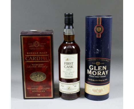 A bottle of First Cask 1973 Glenlivet Speyside 21 year malt Whisky (Cask No. 3947, Bottle No. 183), a bottle of Glen Moray si