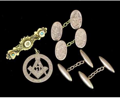 A pair of George VI gentleman's 9ct rose gold cufflinks, the oval panels engraved with leafage, Birmingham 1945 (gross weight