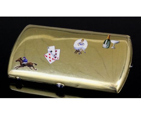 An early 20th Century 14ct gold enamel and sapphire mounted rectangular card case with curved ends, the face enamelled in col