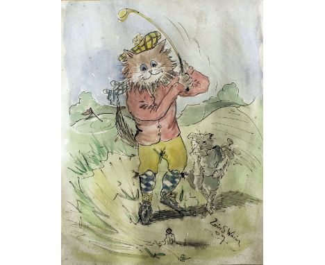 After Louis Wain (1860-1939) - Ink and watercolour sketch - Cat golfer and caddy, 19ins x 15ins, bears signature and date '09