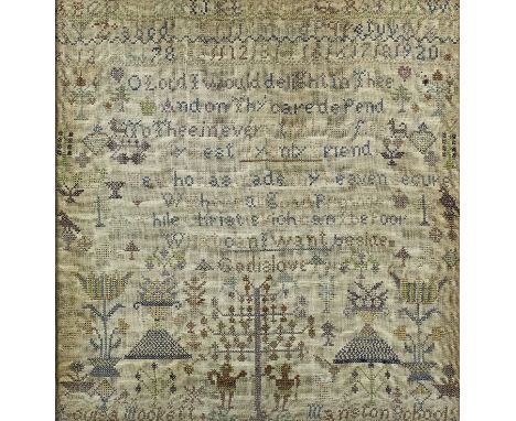 An early 19th Century needlework sampler by Louisa Mockett, Manston School 1812, worked in coloured threads with alphabet, nu