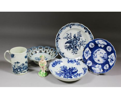 Three pieces of 18th Century Worcester blue and white porcelain printed with the "Pinecone" pattern, comprising - pierced cre