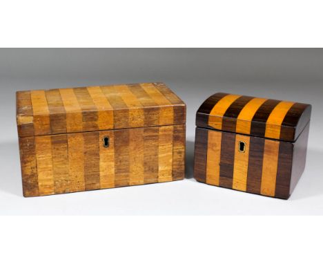 A late George III rosewood and satinwood banded rectangular two division  tea caddy, 8ins x 4.25ins x 4ins high, and a dome t