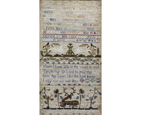 A George III needlework sampler worked by Susanne (?) Herbert, September 1766, in coloured silks with pious thoughts and tree
