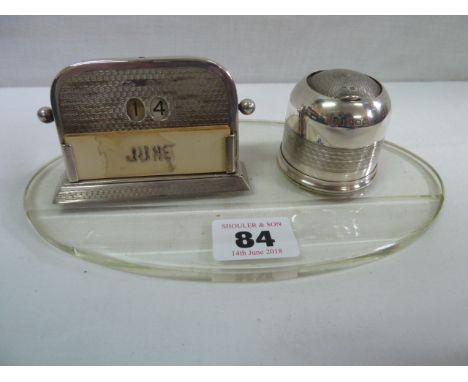 Glass desk stand with engine turned silver inkwell and perpetual calendar Birmingham -1925/26