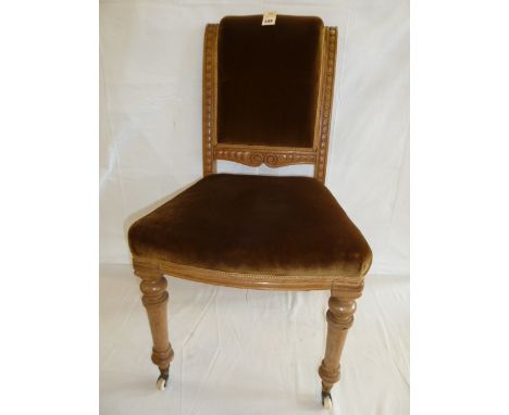 Set 6 Victorian light oak velvet upholstered dining chairs 