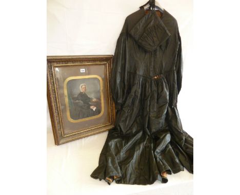 19thC portrait of lady in mourning dress together with similar Victorian silk mourning dress 