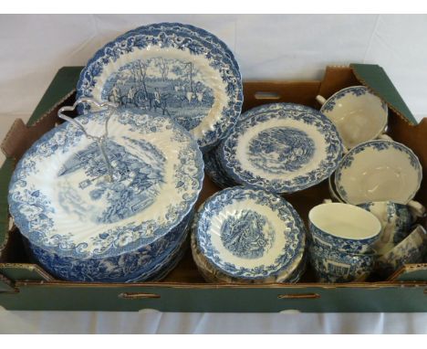 Blue & white pottery- 'Country Life' and 'Coaching Scenes' - Johnson's and Myott