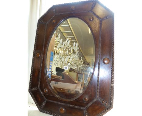 Early 20thC oak bobbin frame bevel edge mirror 
