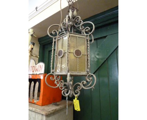 Early 20thC wrought iron glazed hanging porch lantern 