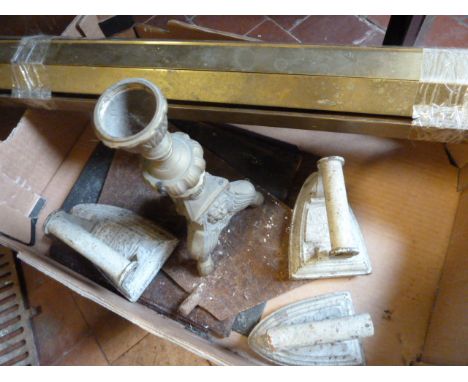 Brass stair rods, candlestick, iron grate etc