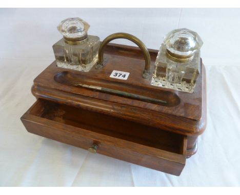 19thC oak desk stand with square glass ink bottles 