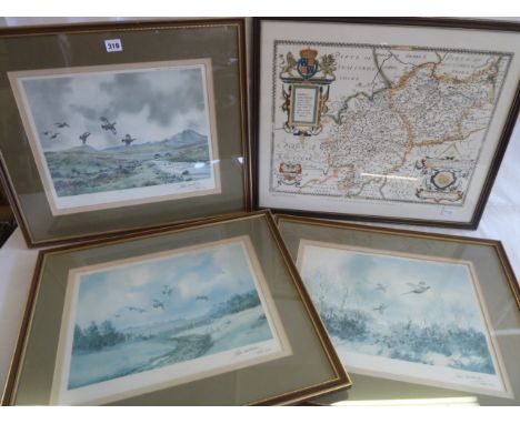 Pencil signed wild fowl prints - R W Millington & Saxton's Map of Leicestershire & Warwickshire (4) 